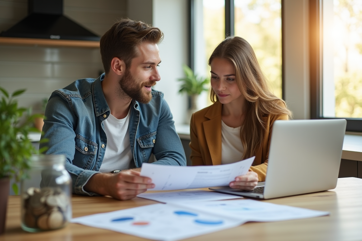 Jeune couple professionnel dans une cuisine moderne examinant des documents financiers