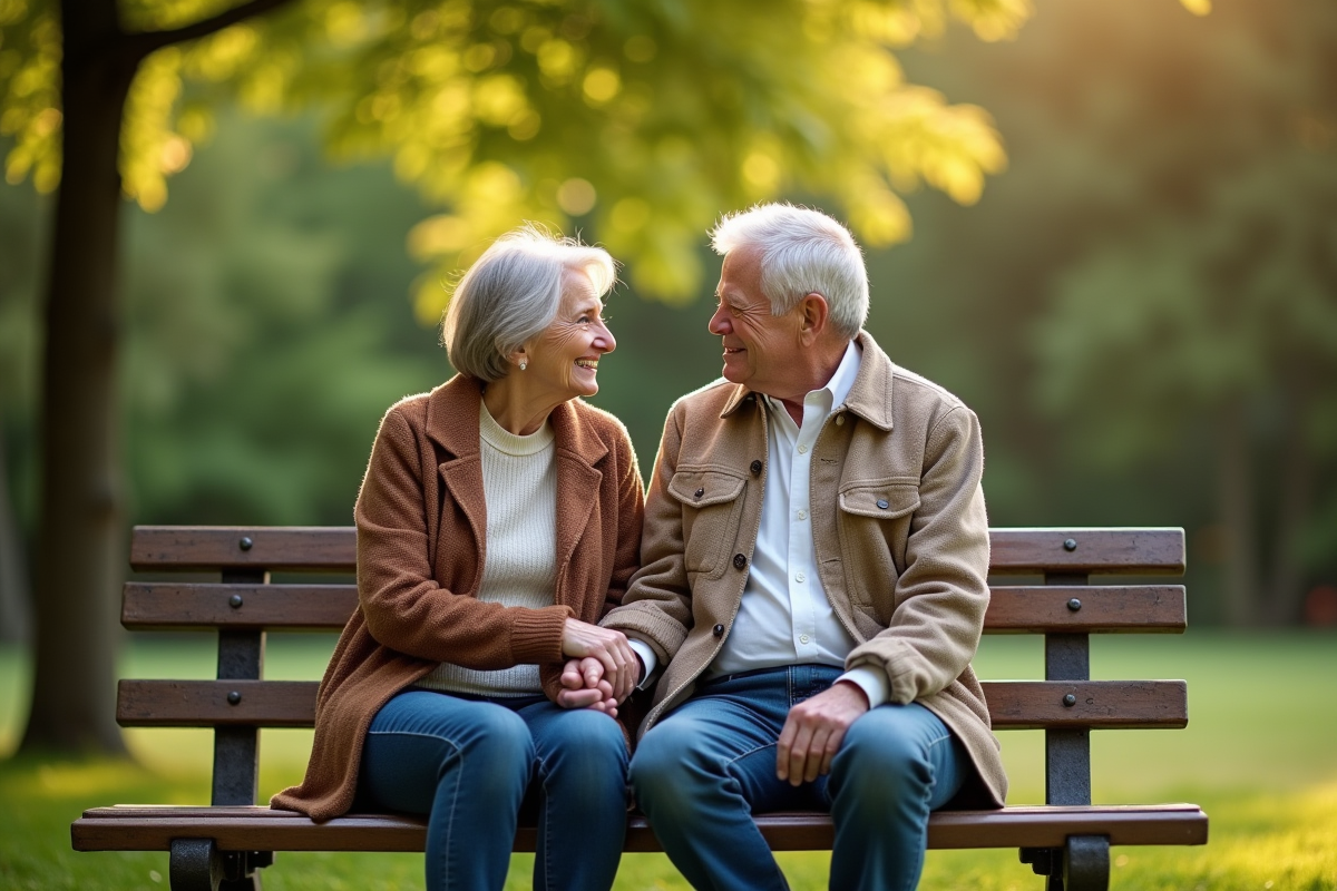Couple mature souriant sur un banc dans un parc ensoleille