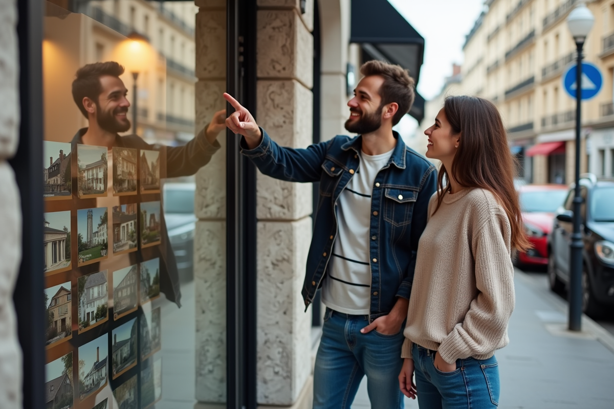 Jeune couple français devant une vitrine immobilière