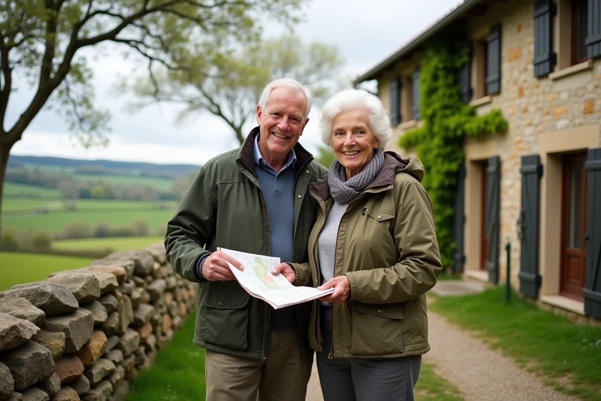 Couple de propriétaires devant une ferme en pierre française tenant un plan cadastral symbolisant le droit de propriété foncière