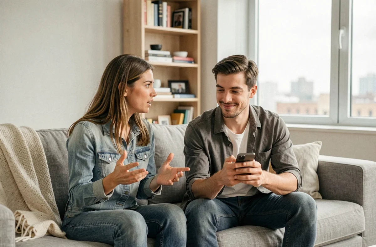 Couple dans un salon, la femme parle sincèrement pendant que l'homme regarde son téléphone, symbolisant l'écoute superficielle