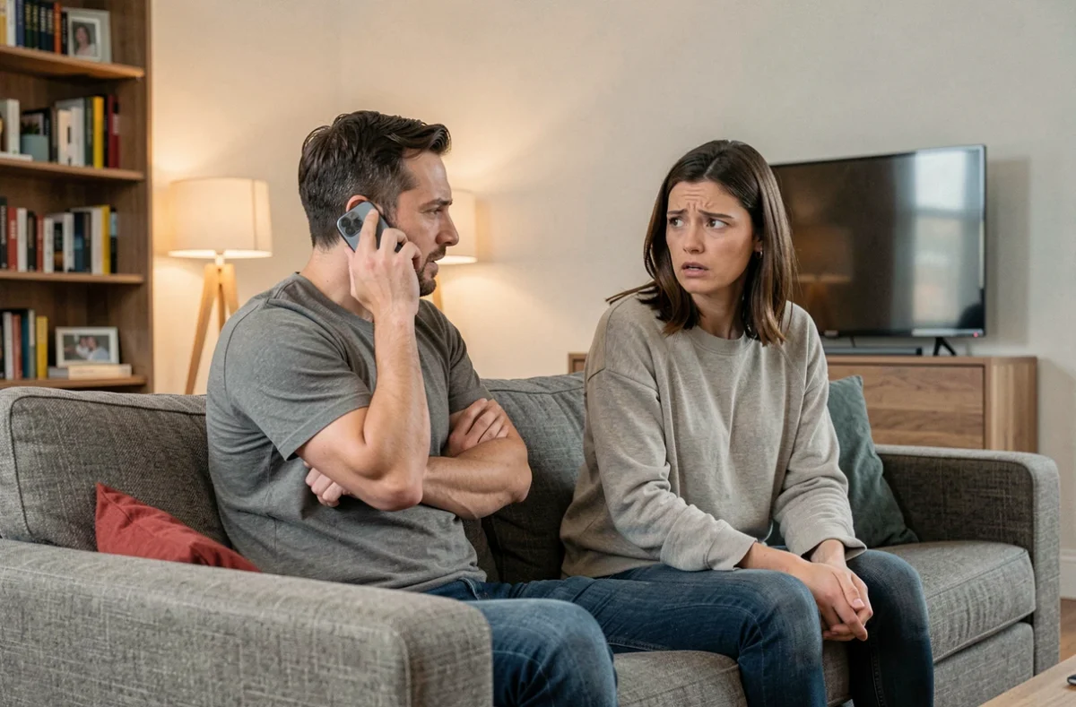 Couple en tension dans un salon après une dispute téléphonique, l'un se détournant l'autre inquiet