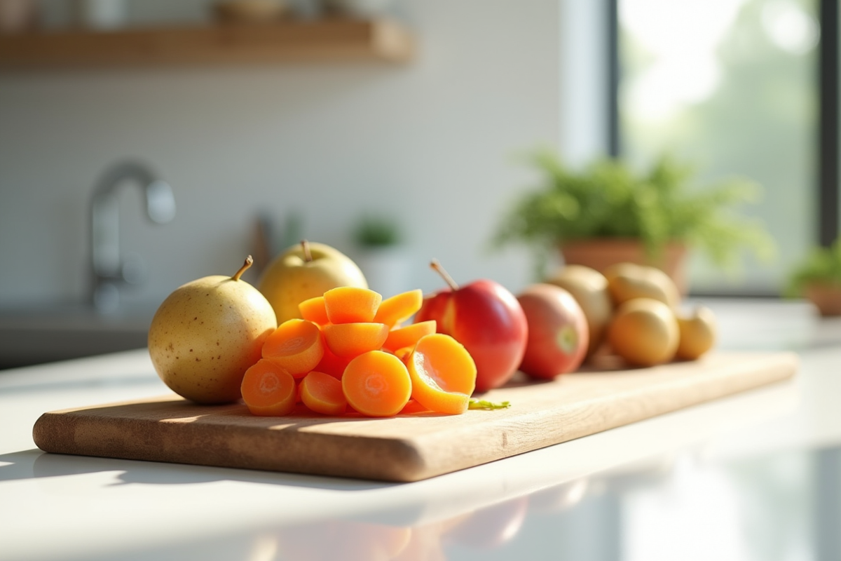 Cuisine moderne avec légumes V tranchés sur planche en bois