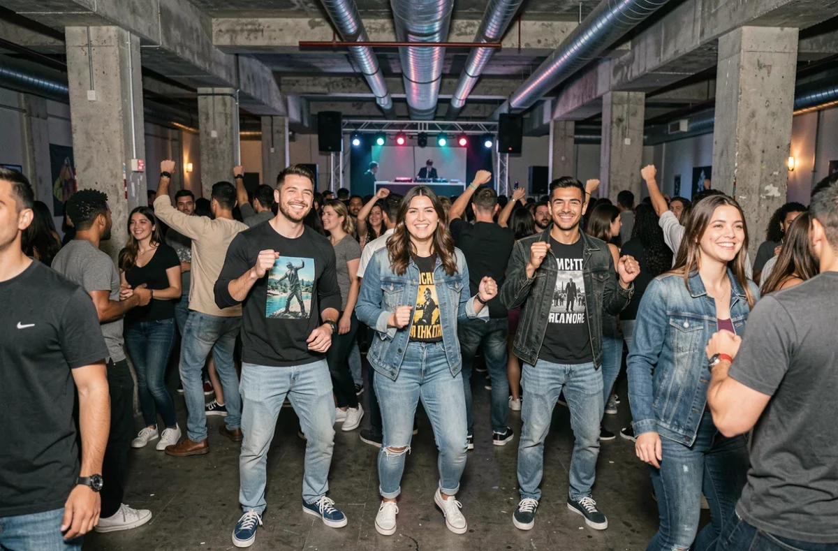 Groupe de personnes dansant dans une boîte de nuit électro à Paris avec décor industriel en béton