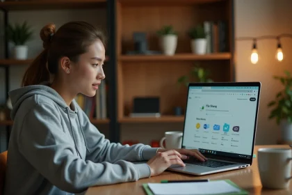 Jeune femme débutante qui consulte un tutoriel sur Foutoutici depuis son bureau à domicile
