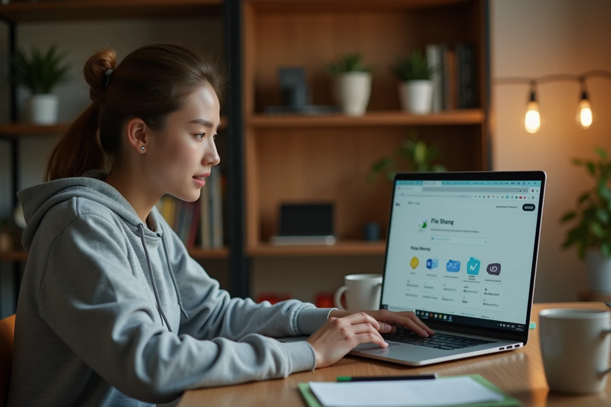 Jeune femme débutante qui consulte un tutoriel sur Foutoutici depuis son bureau à domicile