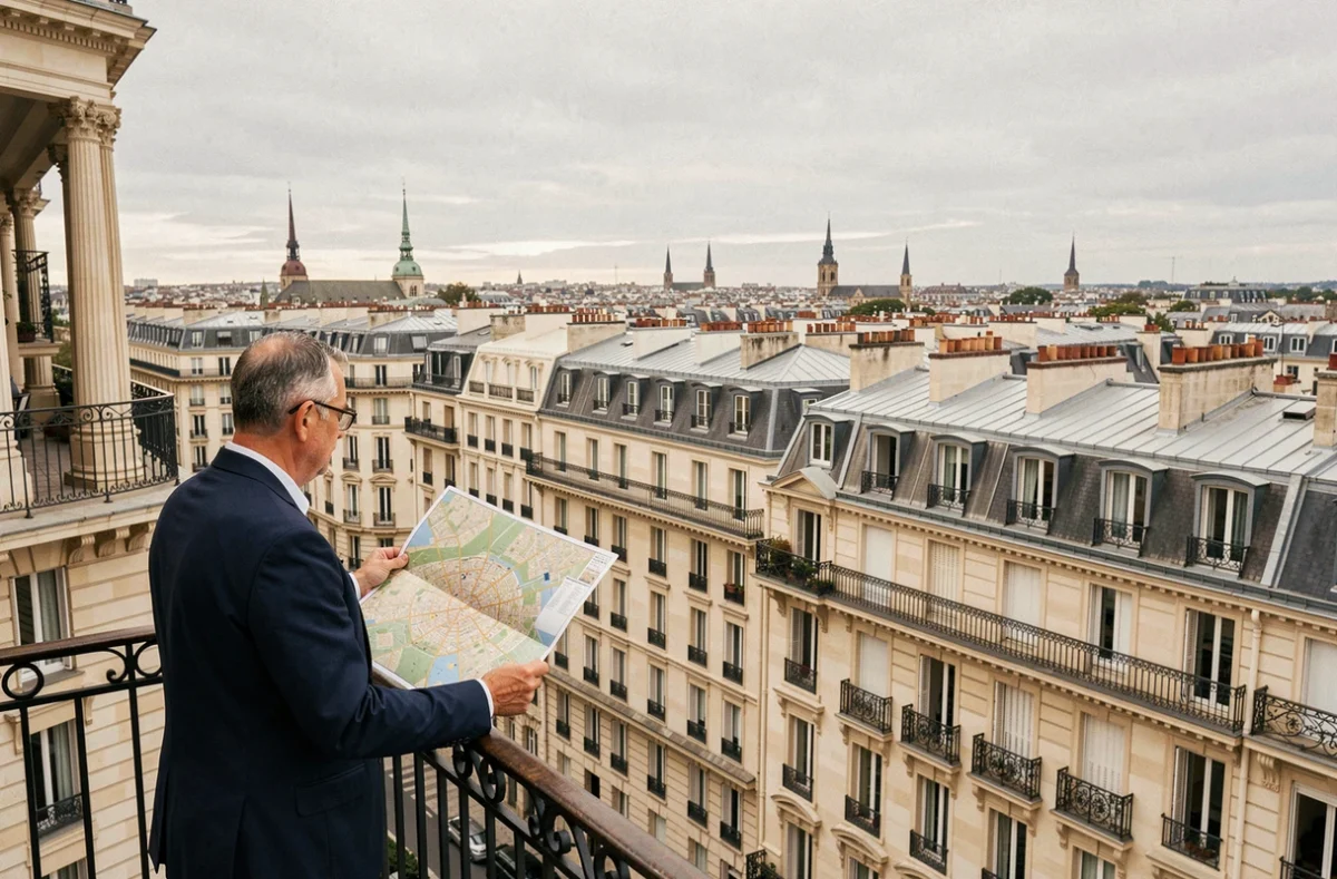 Vue panoramique sur les toits haussmanniens de Paris illustrant la densité urbaine et la superficie de la capitale française