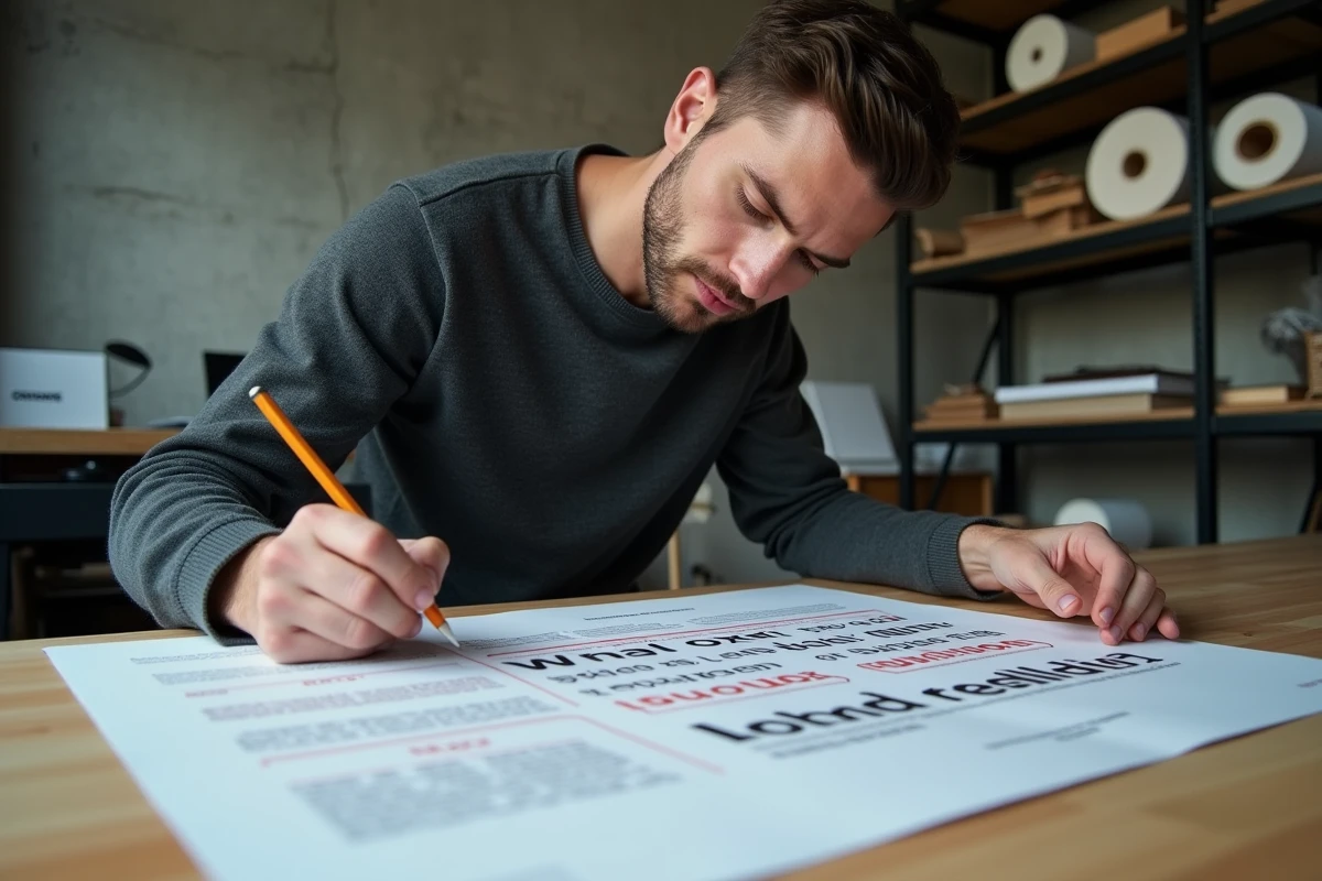 Designer masculin analysant des erreurs de polices sur une maquette imprimée posée sur une table de studio graphique