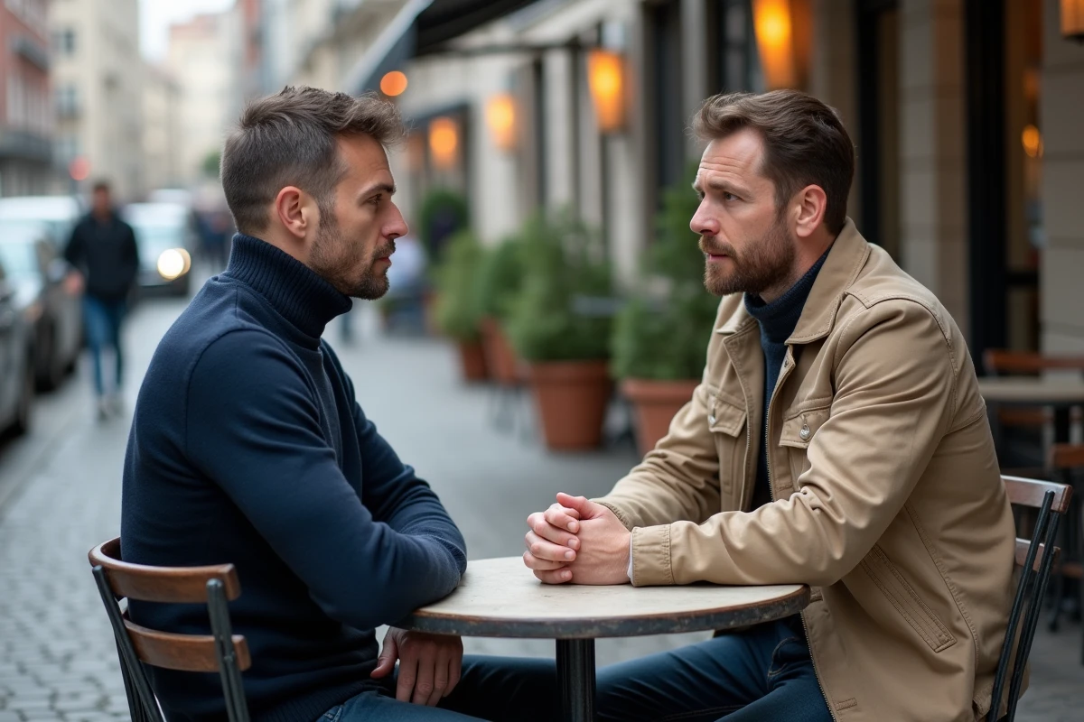 Deux hommes assis en silence face à face dans un café en terrasse, symbolisant la tension silencieuse lors d'un conflit interpersonnel