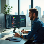 Développeur confiant au bureau moderne avec écrans de code