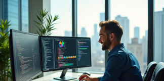 Développeur confiant au bureau moderne avec écrans de code