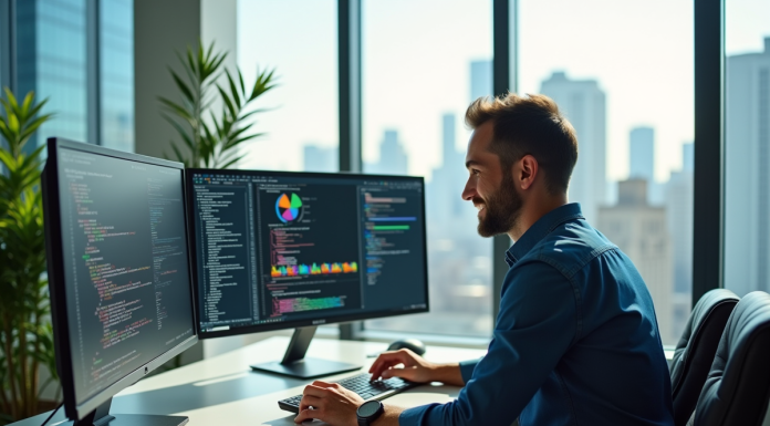 Développeur confiant au bureau moderne avec écrans de code