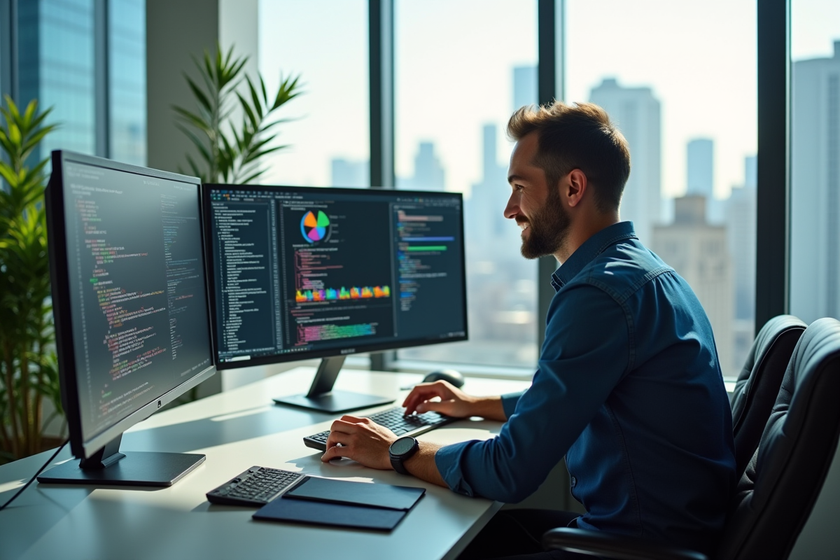 Développeur confiant au bureau moderne avec écrans de code