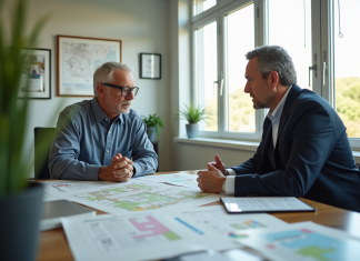 Propriétaire inquiet discutant permis zoning avec un officiel