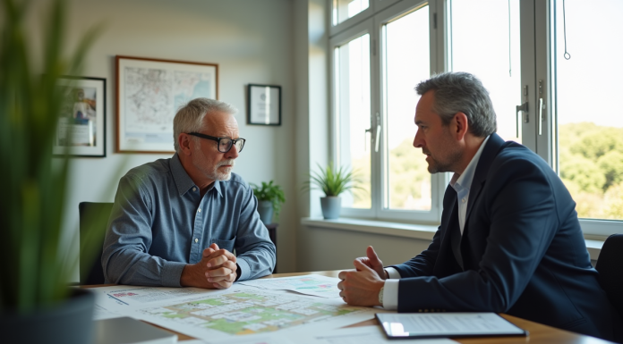 Propriétaire inquiet discutant permis zoning avec un officiel