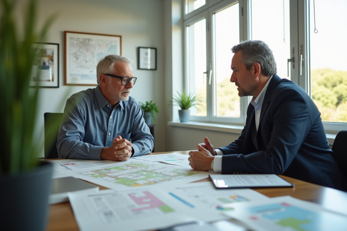 Propriétaire inquiet discutant permis zoning avec un officiel