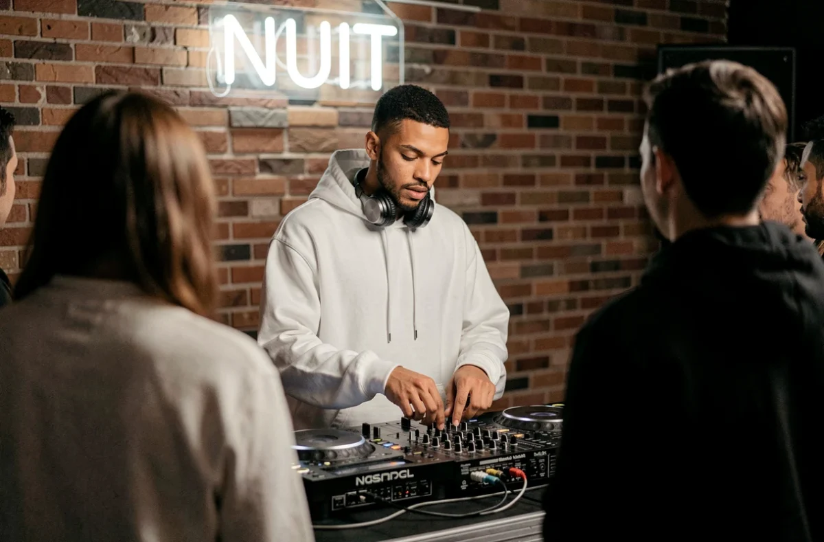 DJ masculin concentré derrière ses platines dans un club électronique parisien, ambiance urbaine et artistique