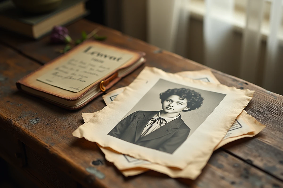 Flat-lay de documents personnels anciens incluant une photo de famille en noir et blanc et une carte régionale, évoquant l'histoire et les origines familiales de Jean-Luc Reichmann