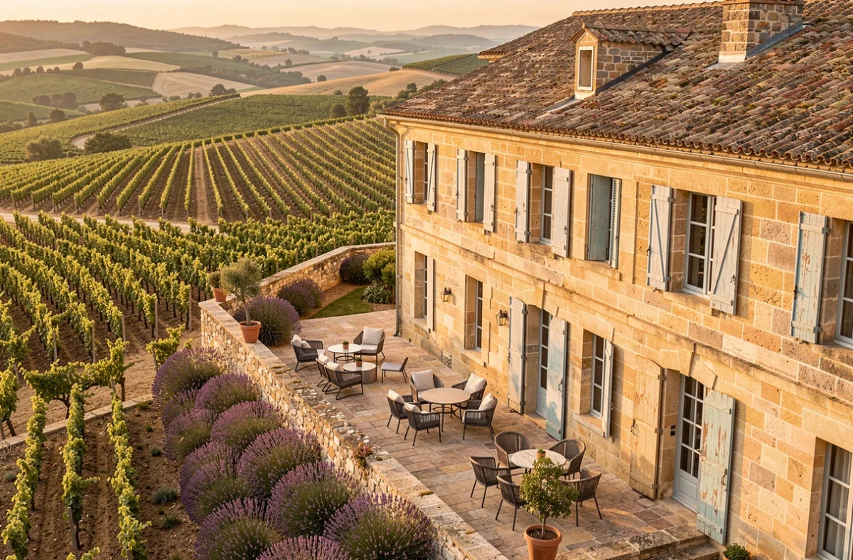 Domaine de Fontenille à Lauris dans le Vaucluse, bastide aristocratique perchée sur une colline avec terrasse de réception donnant sur les vignobles du Luberon