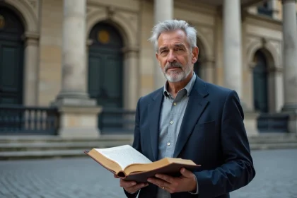 Homme en blazer tenant un livre juridique devant un bâtiment institutionnel en pierre illustrant le droit de propriété