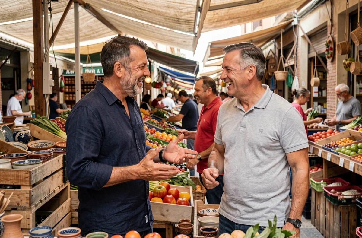 Deux hommes échangeant des formules de politesse en espagnol dans un marché traditionnel animé