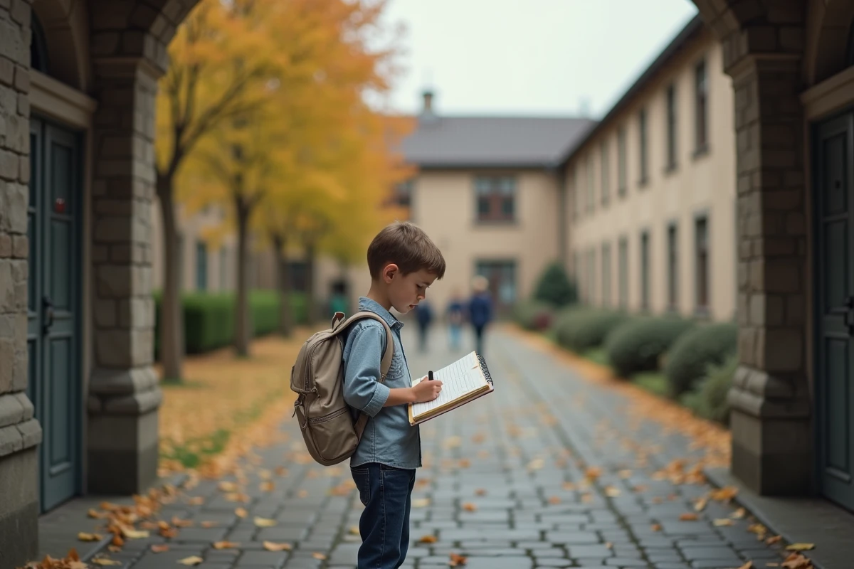 Écolier lisant un poème de rentrée dans sa cour d'école en pierre un matin de septembre