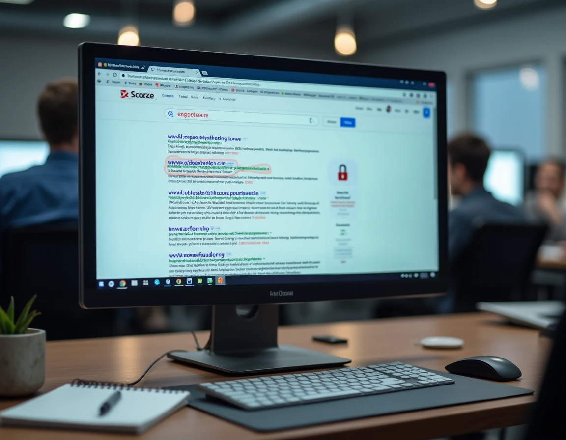 Écran d'ordinateur affichant des résultats de recherche avec des sites clones et une alerte de sécurité sur un domaine frauduleux