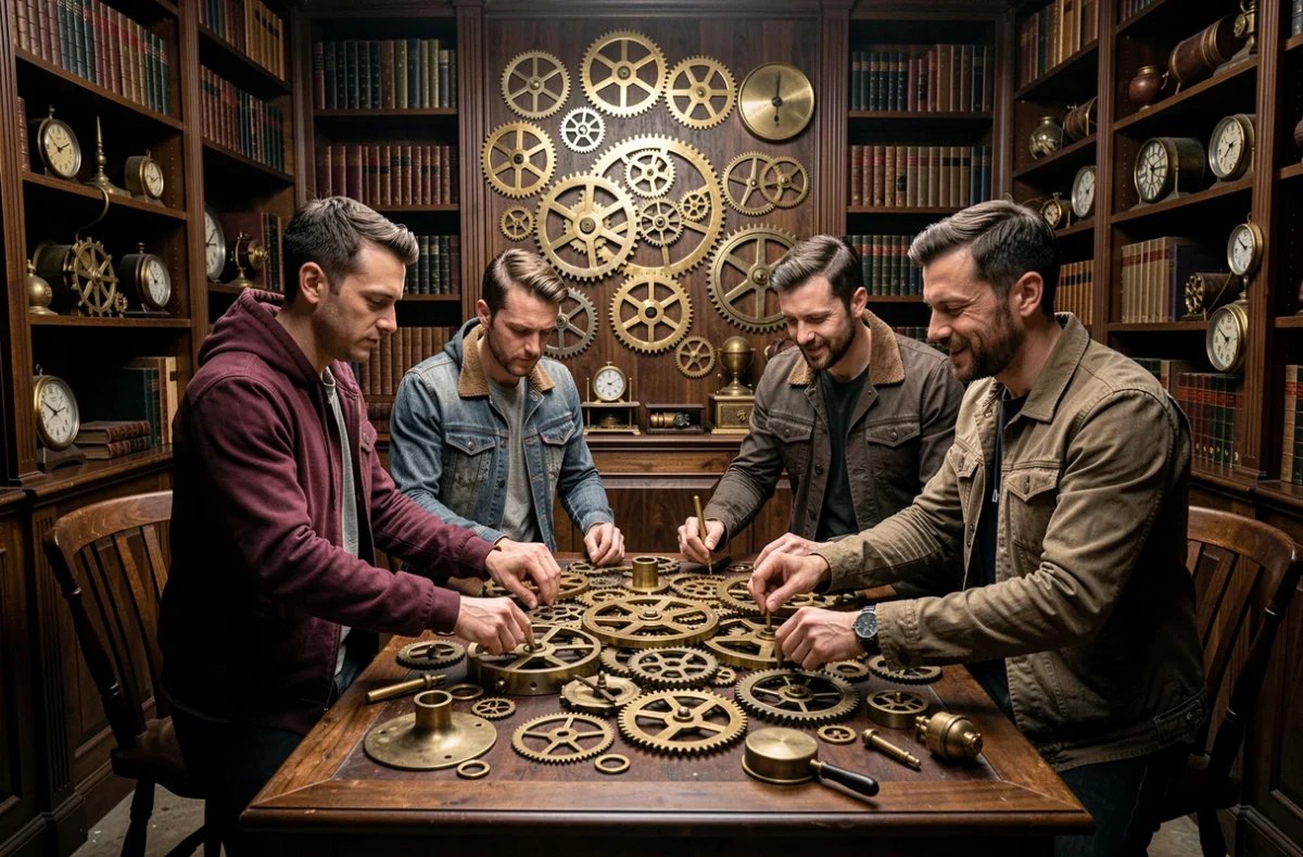 Groupe de joueurs dans le décor steampunk de L'Empire Alternatif, escape game à La Rochelle