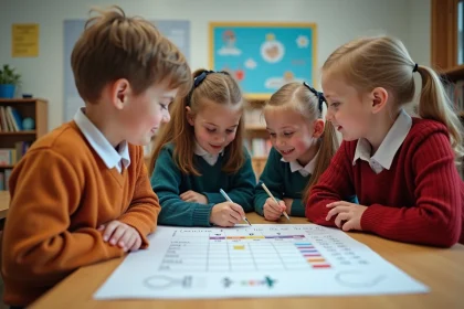 Groupe d'enfants d'&eacute;cole primaire discutant d'un tableau de conversion litre