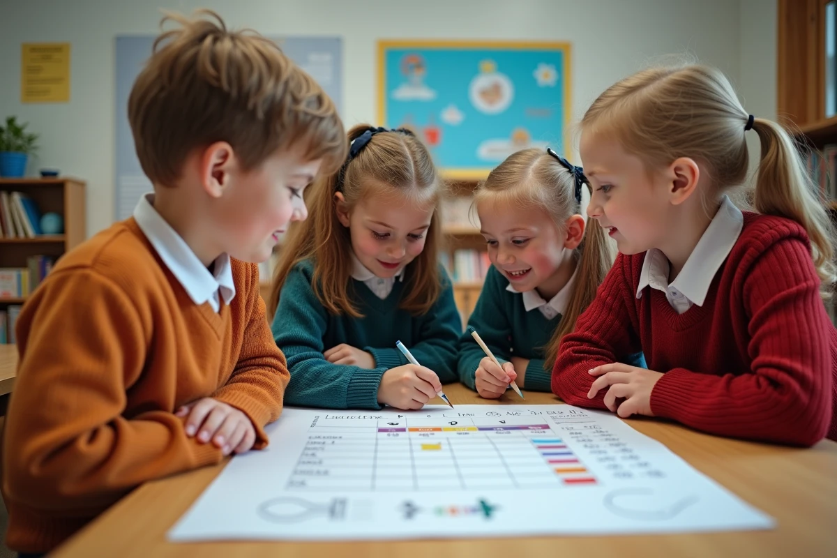 Groupe d'enfants d'école primaire discutant d'un tableau de conversion litre