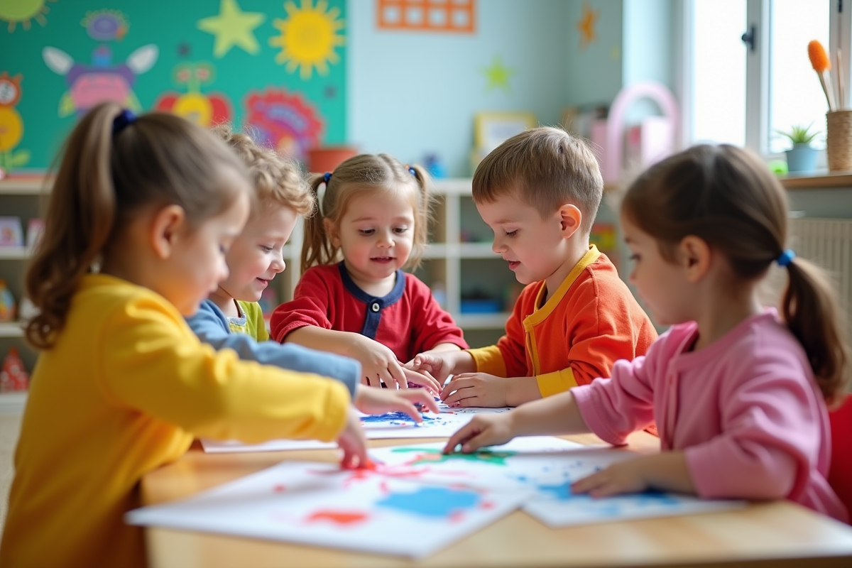 Enfants en peinture à la crèche avec activités joyeuses