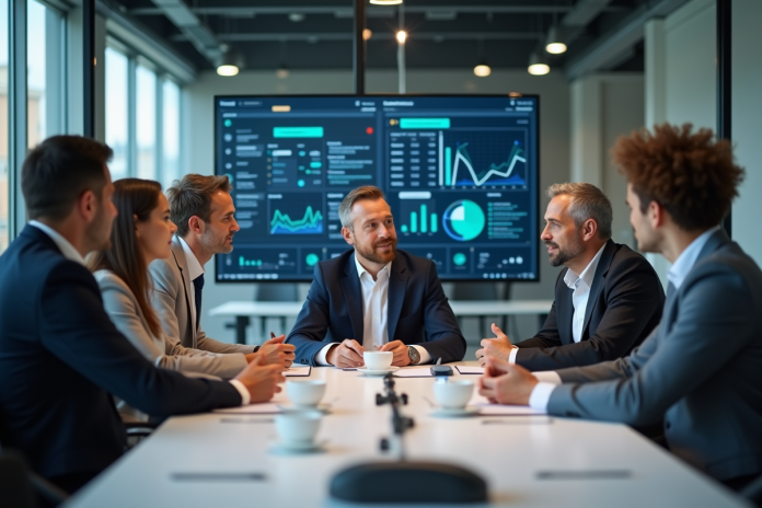 Groupe de professionnels en réunion dans un bureau moderne