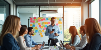 Groupe de professionnels en réunion dans un bureau moderne