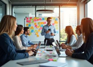 Groupe de professionnels en réunion dans un bureau moderne