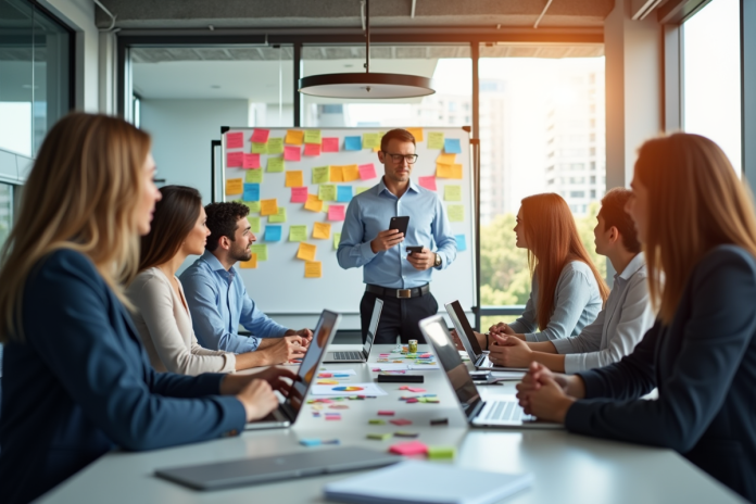 equipe-collaborative-bureau Groupe de professionnels en réunion dans un bureau moderne