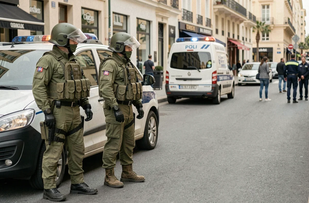 Équipe de déminage en tenue de protection intervenant sur un véhicule suspect dans une rue de Cannes