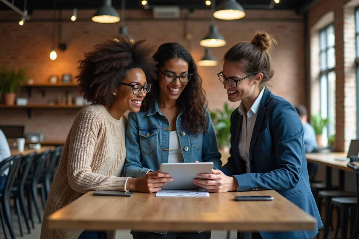 Équipe professionnelle discutant d'un article de blog d'actualité dans un espace de coworking moderne pour aligner leur discours client