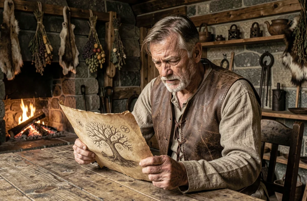 Érudit viking étudiant un parchemin illustrant Yggdrasil et la cosmologie nordique dans une maison longue en pierre