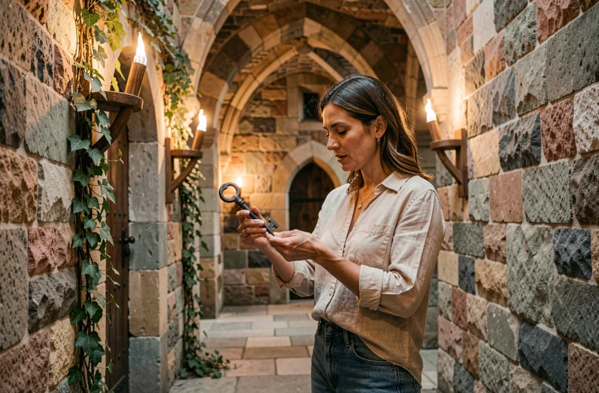Femme explorant un escape game médiéval dans un décor de château fort à Pons, Charente-Maritime