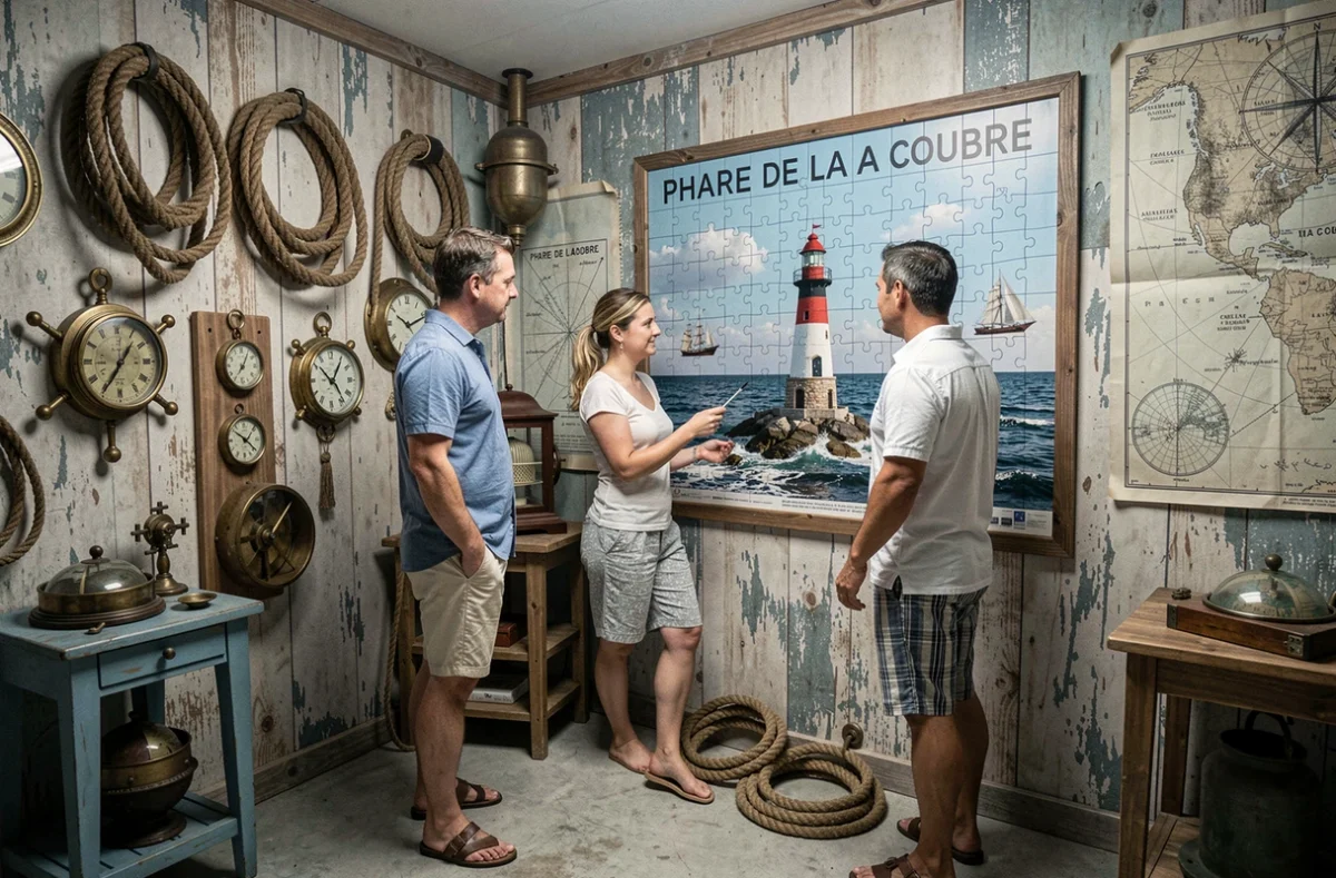 Groupe de joueurs face à des énigmes nautiques dans l'escape game thème Phare de La Coubre en Charente-Maritime