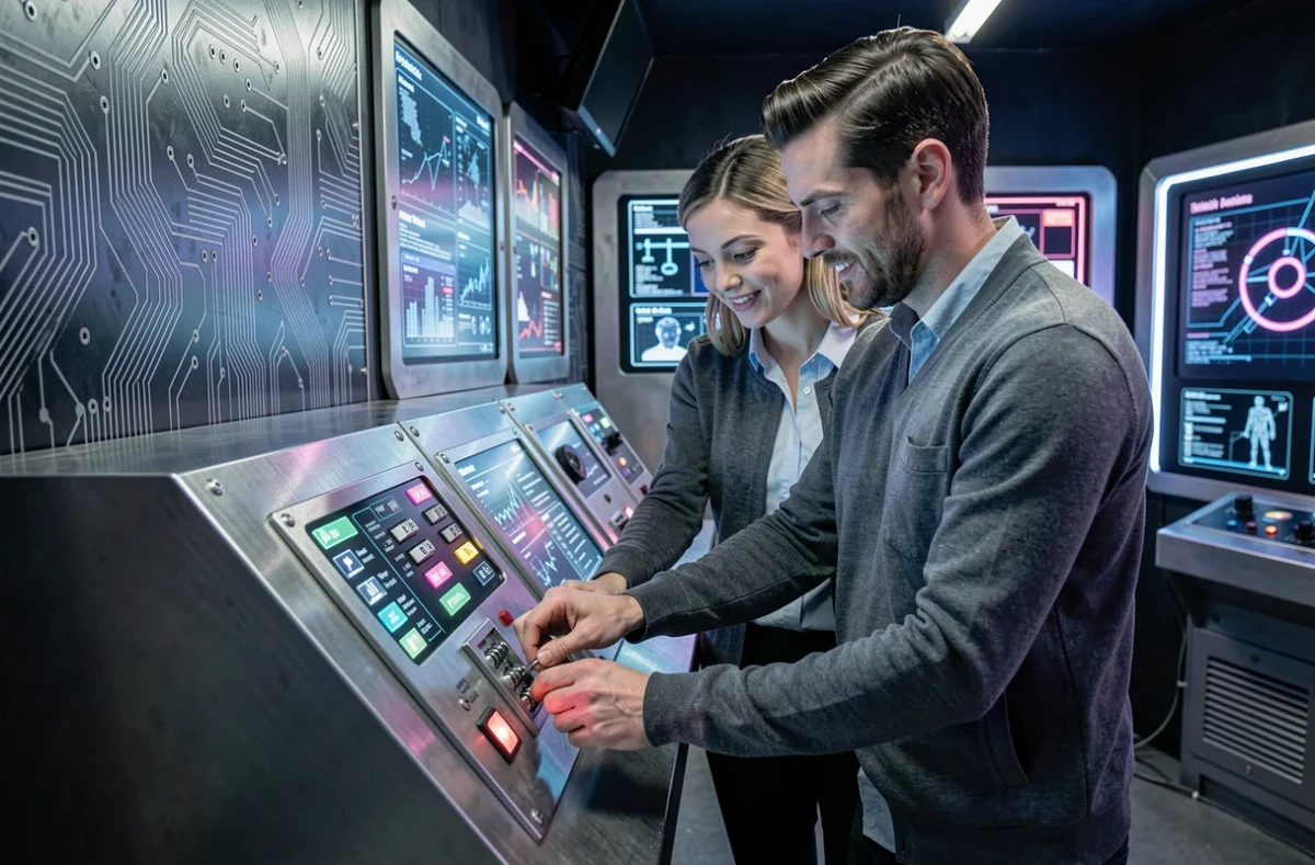 Couple résolvant des énigmes dans une salle futuriste de l'escape game Escape Time à Aytré