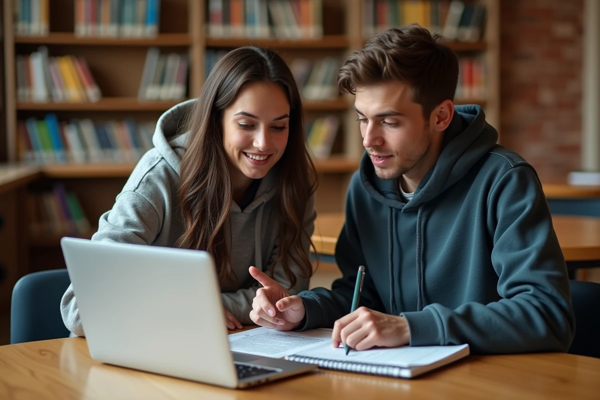 Deux étudiants en design graphique comparant de bonnes et mauvaises utilisations de polices sur un ordinateur portable en bibliothèque