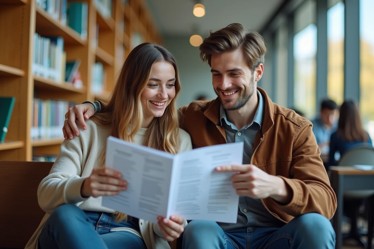 Deux étudiants discutant d'une règle de grammaire française sur une fiche imprimée dans une bibliothèque universitaire