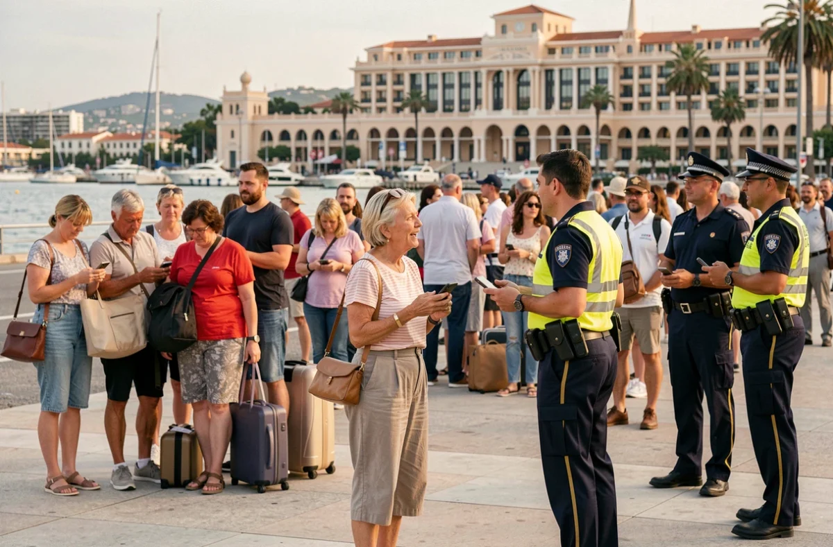 Touristes et habitants évacués rassemblés sur une place publique à Cannes lors d'une opération de sécurité