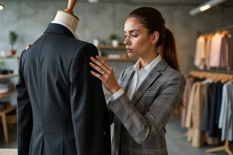 Experte en mode examinant une veste de designer dans un atelier moderne