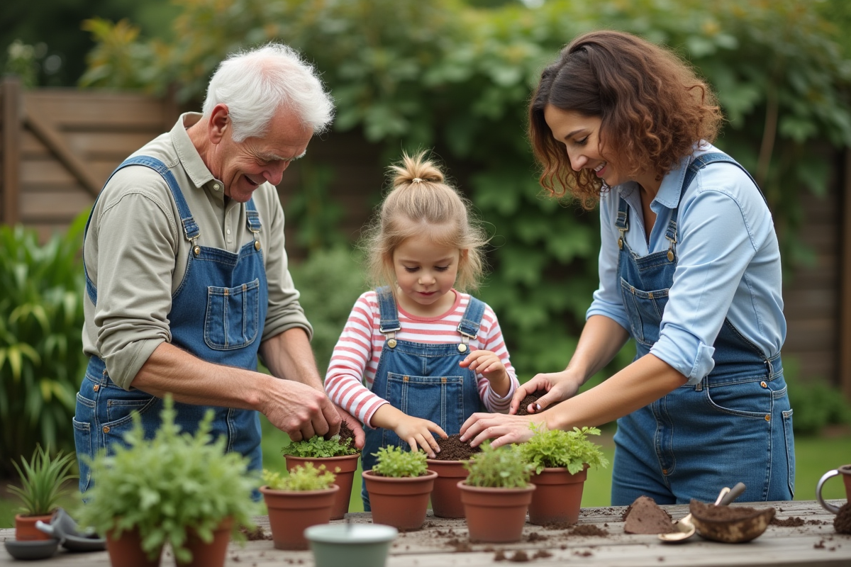 Trois générations plantant dans le jardin en famille