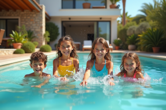 Famille souriante jouant dans une piscine en méditerranée