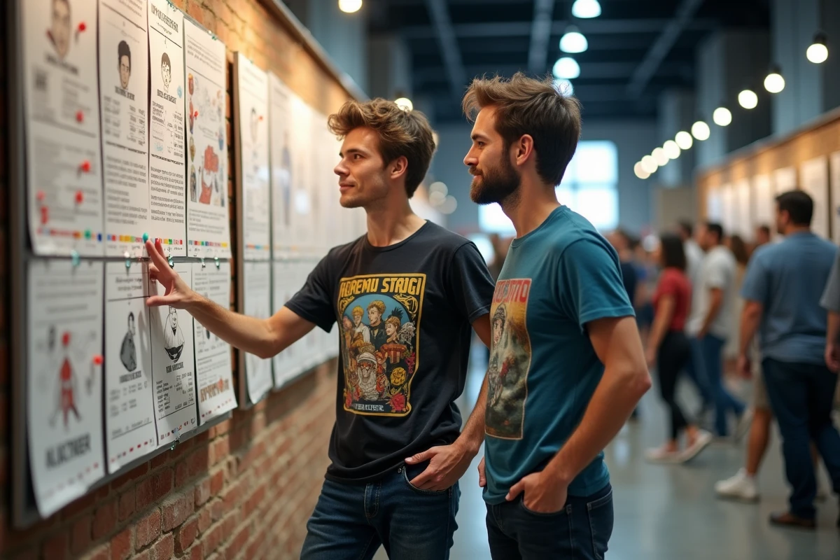 Deux fans de Dragon Ball discutant devant un tableau de comparaison des âges des héros entre Z GT et Super lors d'une convention