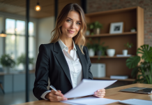 Femme d affaires professionnelle tenant des documents dans un bureau moderne