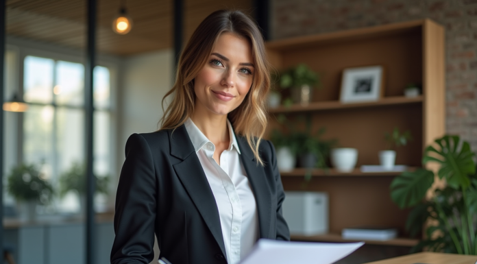 Femme d affaires professionnelle tenant des documents dans un bureau moderne